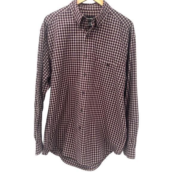 Eddie Bauer Shirt Mens Large Plaid Maroon Blue Cotton Button Down Vintage - Picture 1 of 9